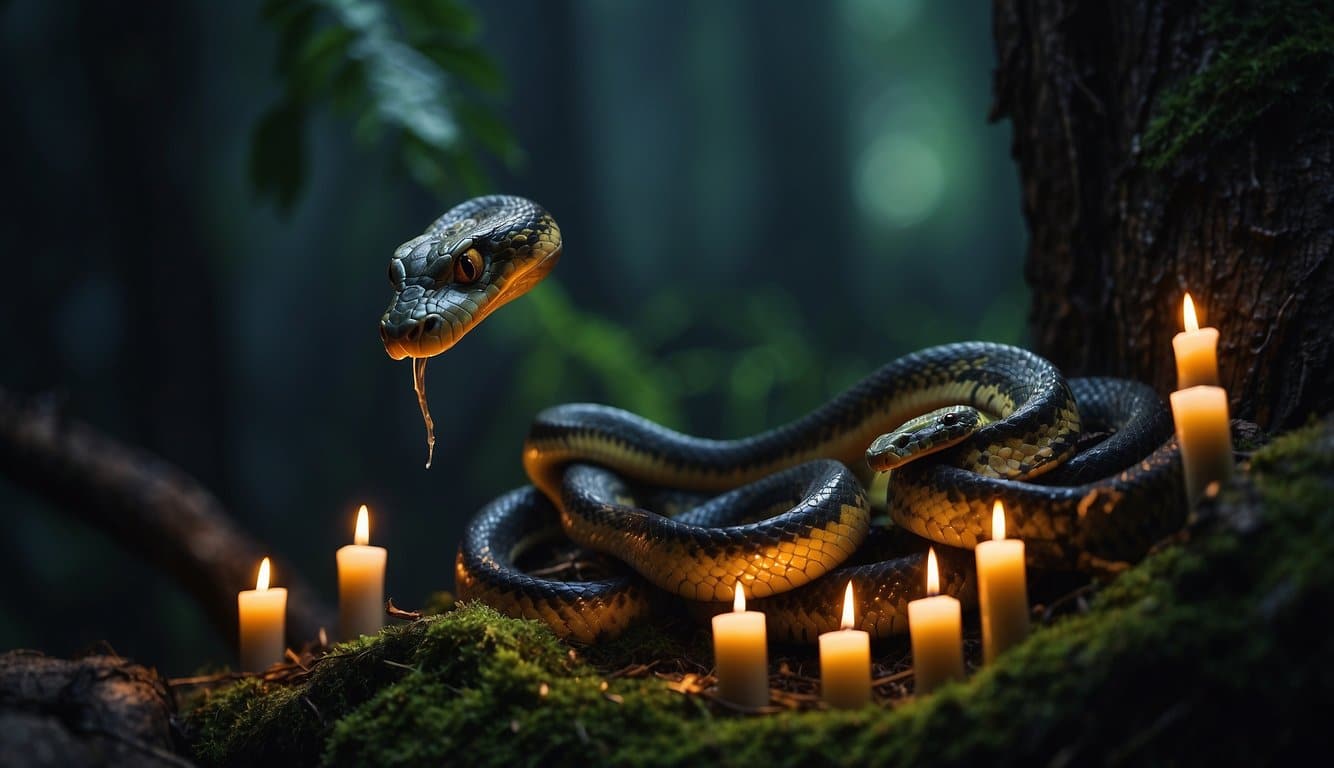 A dark forest with a snake coiled around a tree, surrounded by offerings and candles, with a mysterious and mystical atmosphere