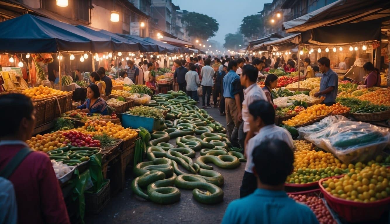 Porthal Rastro Da Serpente: Significado E Origem 2 A bustling local market with colorful stalls and a winding path resembling a snake's trail