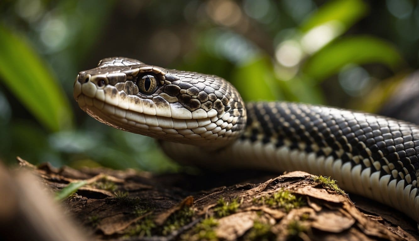 A large Brazilian snake slithers through the dense jungle, its scales glistening in the sunlight as it moves with a powerful and graceful presence