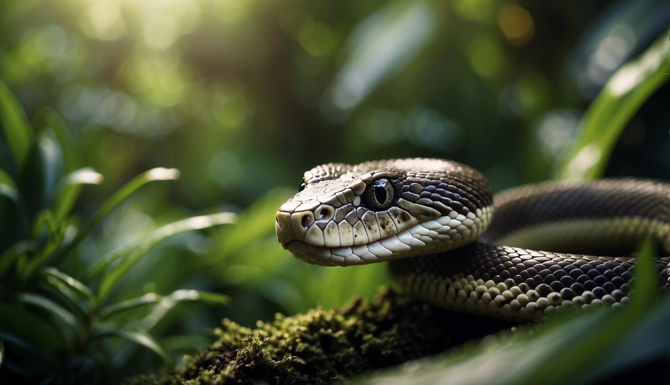 A snake slithers through a lush jungle, its scales glistening in the sunlight. It flicks its tongue, sensing the air, as it searches for its next meal