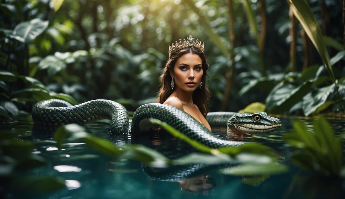 In a lush jungle, a majestic serpent queen emerges from a shimmering pool, surrounded by vibrant flora and fauna