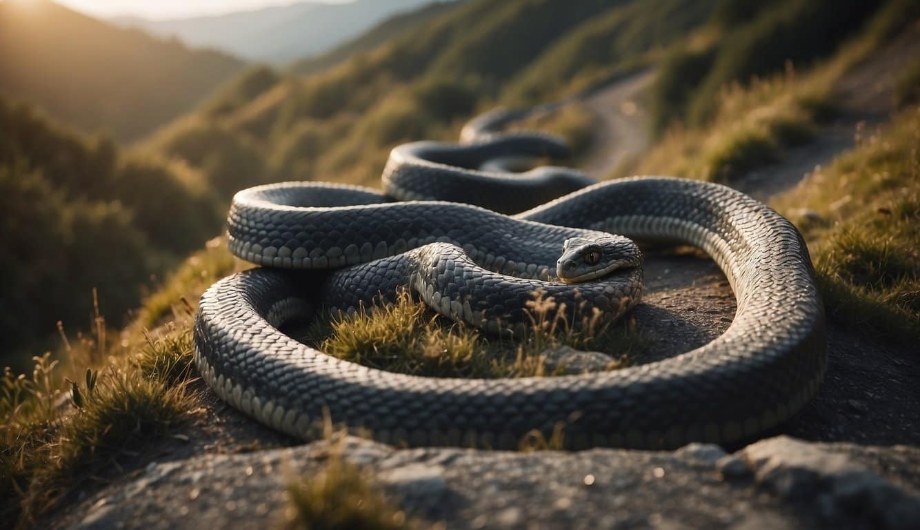 A winding road cuts through the landscape, resembling the trail of a serpent with its numerous curves