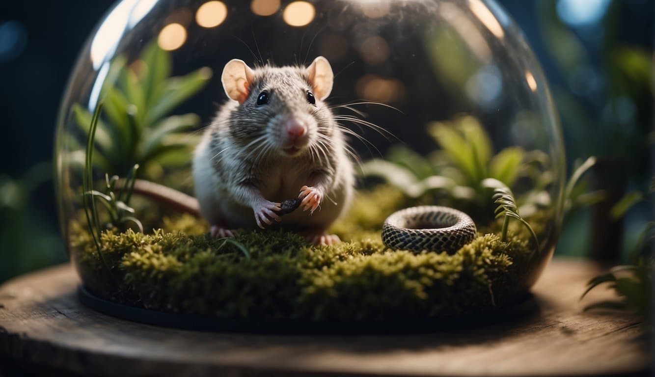 A frozen rat being offered to a snake in a terrarium