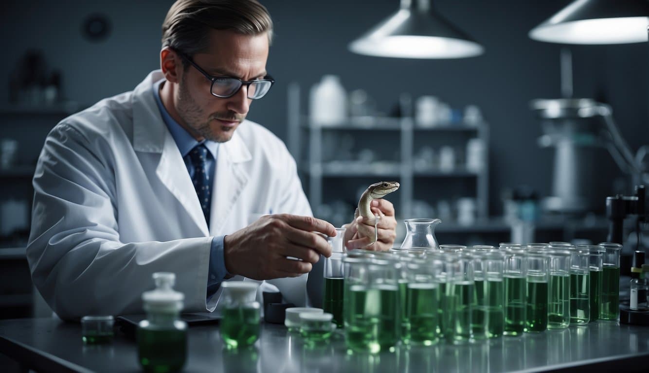 A laboratory table with vials of snake venom, a mortar and pestle, and a scientist in a lab coat conducting research