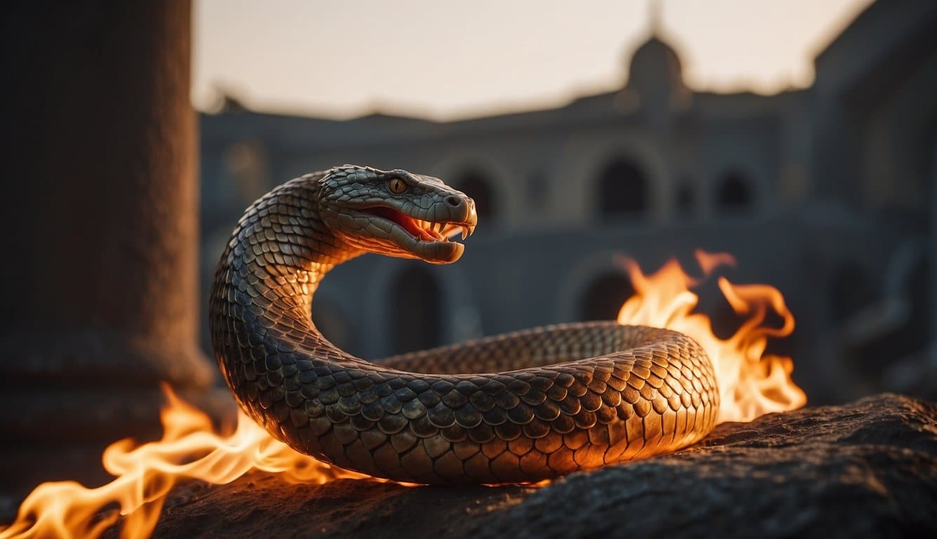 A fiery serpent rises from the ground, surrounded by a historical and biblical setting