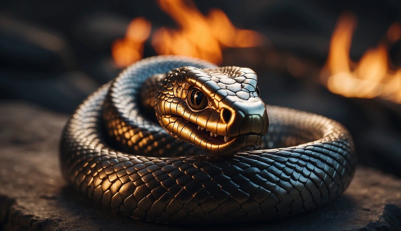 A steel serpent emerges from a fiery forge, coiled and ready to strike