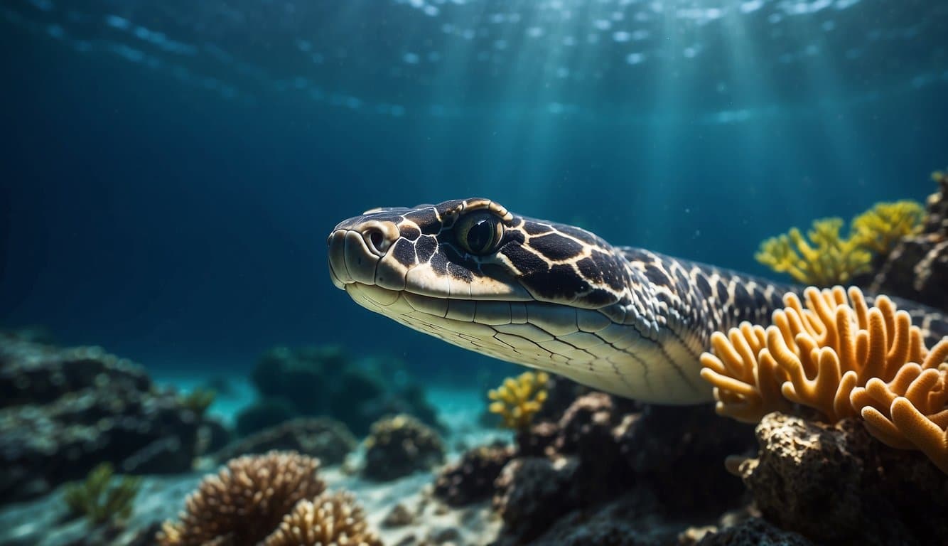 A giant sea snake glides through a vibrant coral reef, its sleek body weaving through the colorful underwater flora. Rays of sunlight filter down from the surface, casting a warm glow on the majestic creature