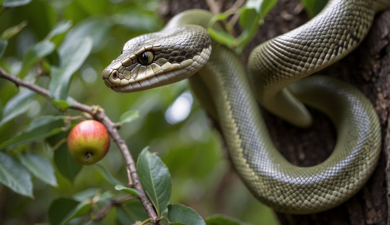 A snake coiled around a tree, with an apple nearby, symbolizing temptation and sin in the Bible