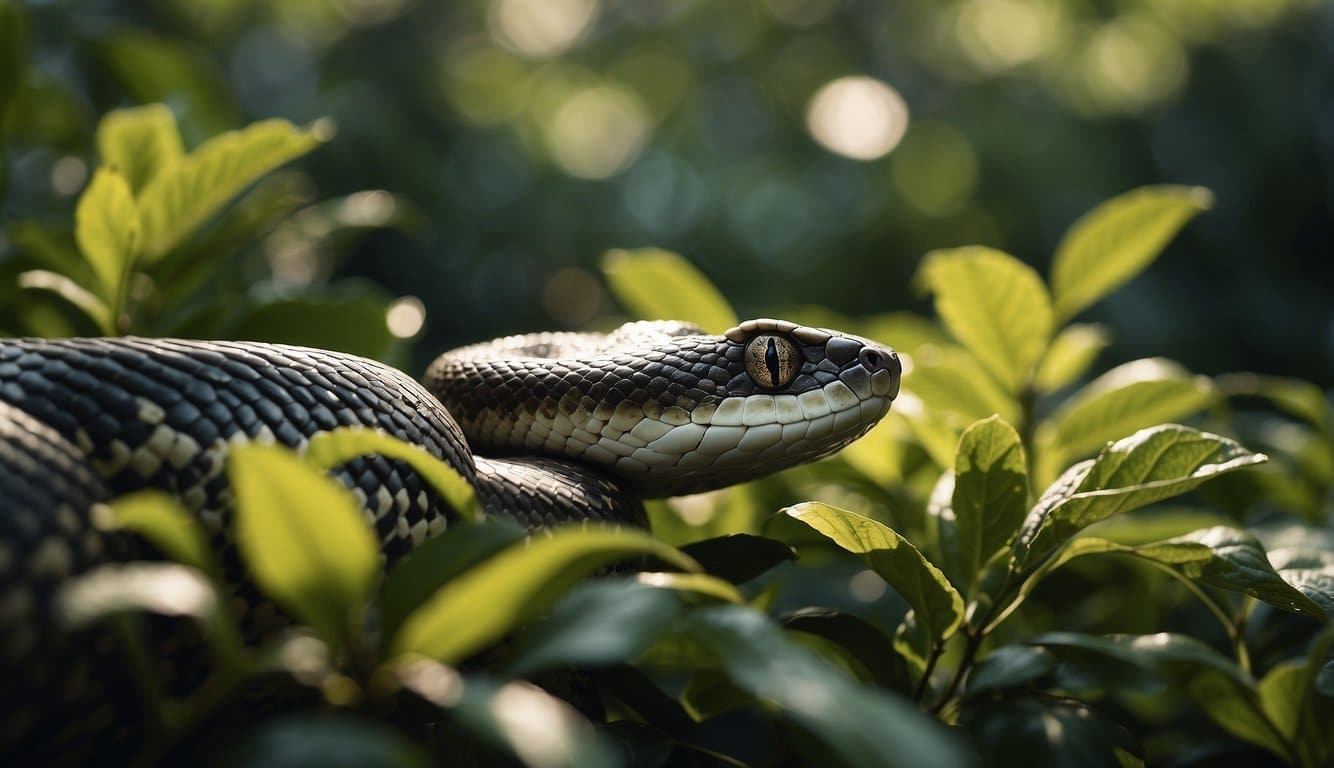 A snake slithers through dense foliage, its scales glistening in the sunlight. It flicks its tongue, sensing the environment, as it moves with fluid grace