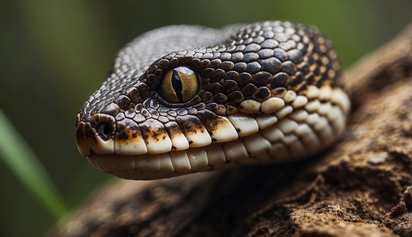 A venomous snake's anatomy and toxicology, with detailed scales and fangs, poised to strike in a natural habitat