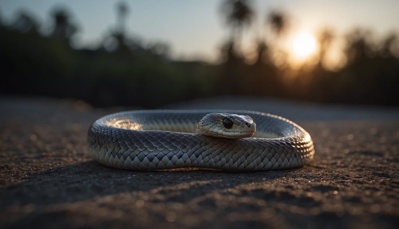 A sleek and sinuous cobra with hood flared, scales glistening in the moonlight, poised to strike