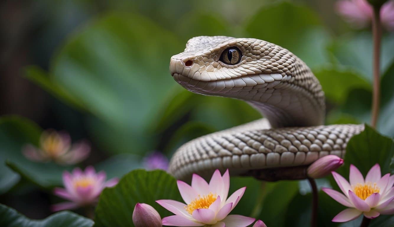 A coiled cobra, adorned with intricate patterns, emerges from a lotus flower, symbolizing power and cultural significance