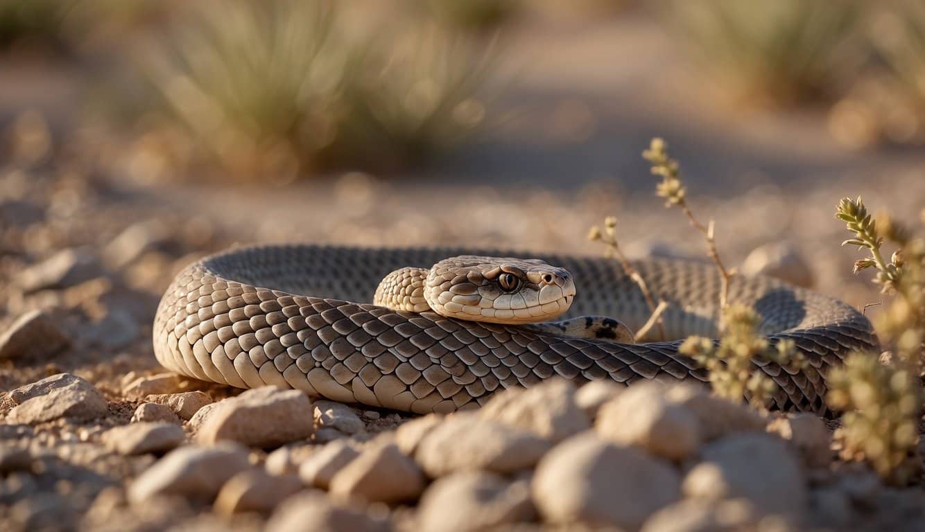 A rattlesnake slithers through a dry desert landscape, blending in with the rocky terrain. Its distinctive rattle can be seen and heard as it moves stealthily across the ground