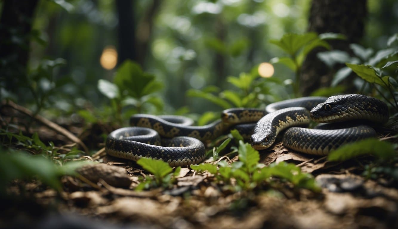 Tipos De Jararaca: Conheça As Espécies Mais Comuns No Brasil 2 A jungle scene with various types of jararaca snakes coiled around trees and slithering on the forest floor, surrounded by lush vegetation and a flowing river