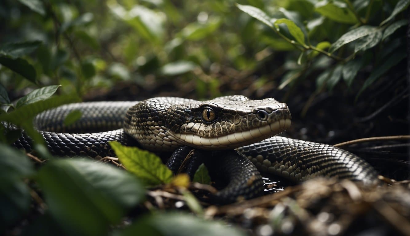 Titanoboa Cobra: A Cobra Pré-Histórica Gigante Com Veneno Mortal 2 A titanoboa snake discovered in its natural habitat, slithering through dense foliage near a swampy riverbank