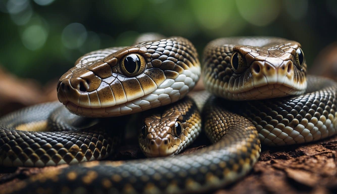 Several snakes coiled together, displaying varied emotional and psychological expressions