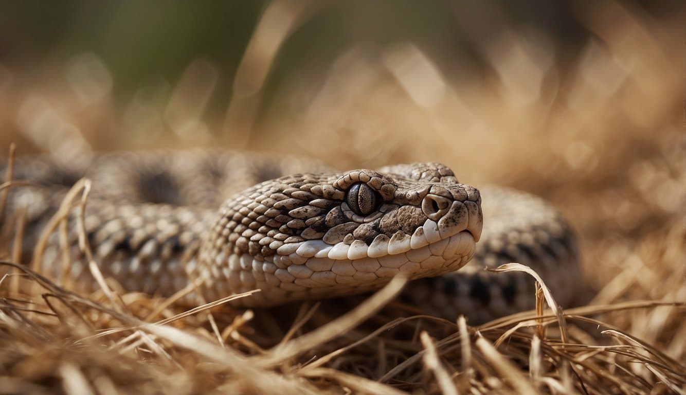 A horned viper slithers through dry grass in its natural habitat, blending in with the earthy tones. Its tongue flicks out, sensing the surrounding environment