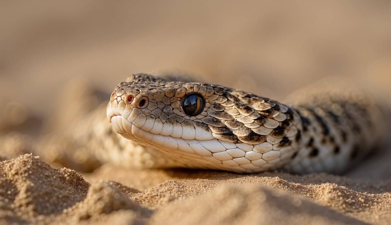 A desert viper slithers across the sand, its scales glistening in the sun. Its forked tongue flicks out, sensing the hot, dry air as it searches for prey