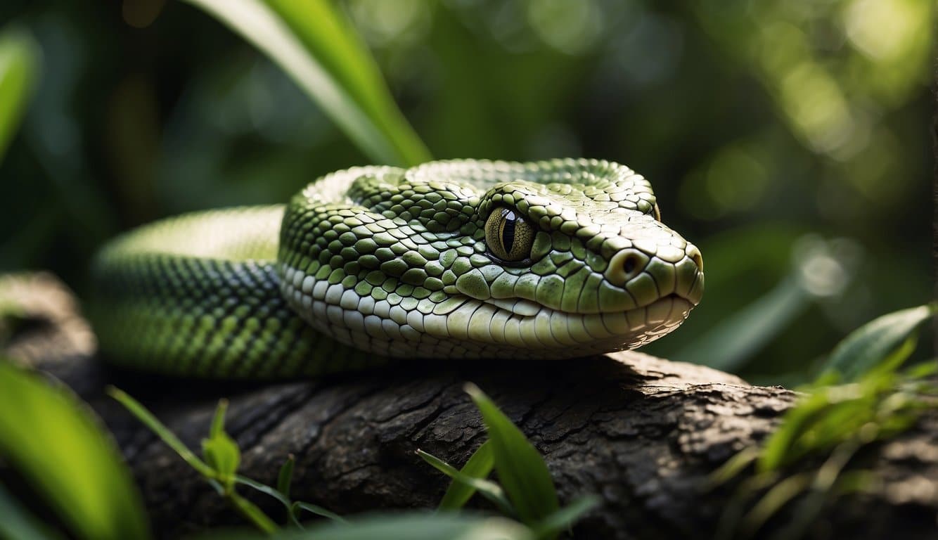 A green viper slithers through dense jungle foliage, its scales glistening in the dappled sunlight