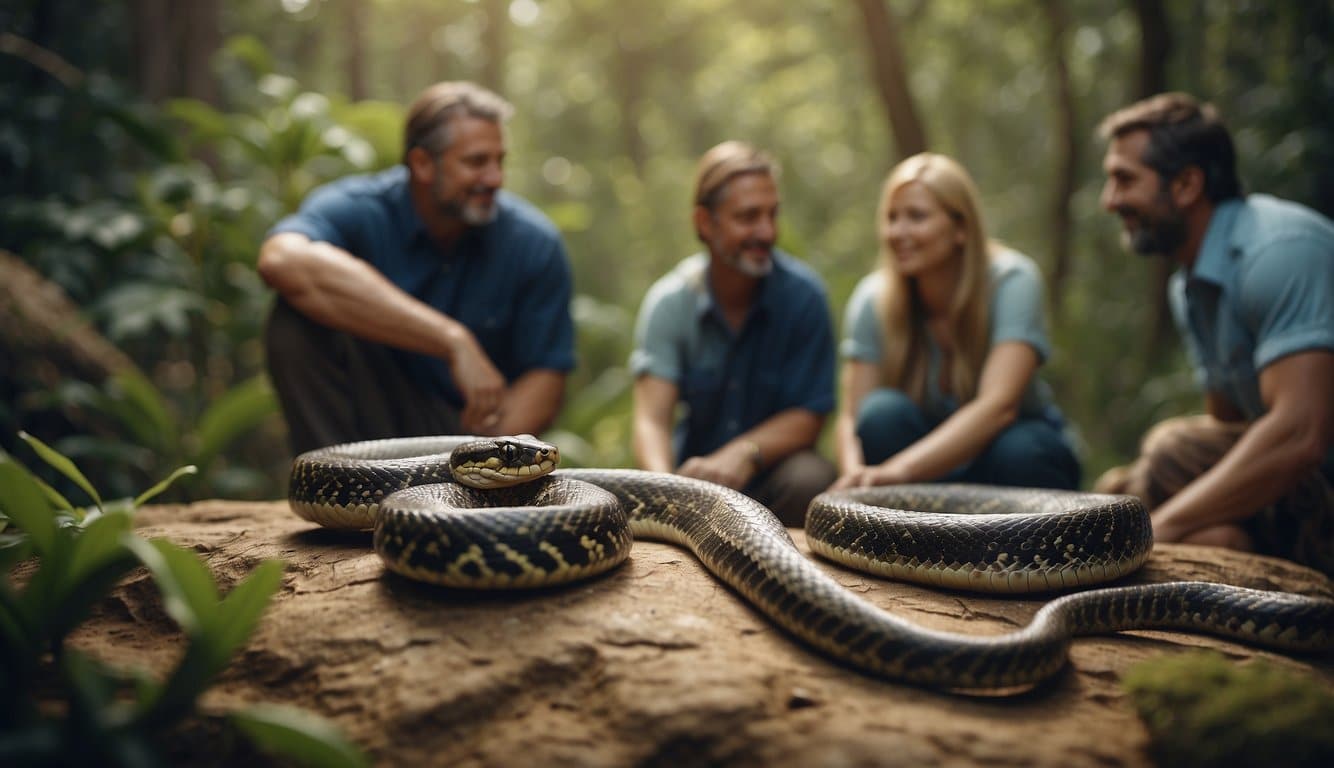 A group of people observing and interacting with various species of snakes in a conservation setting