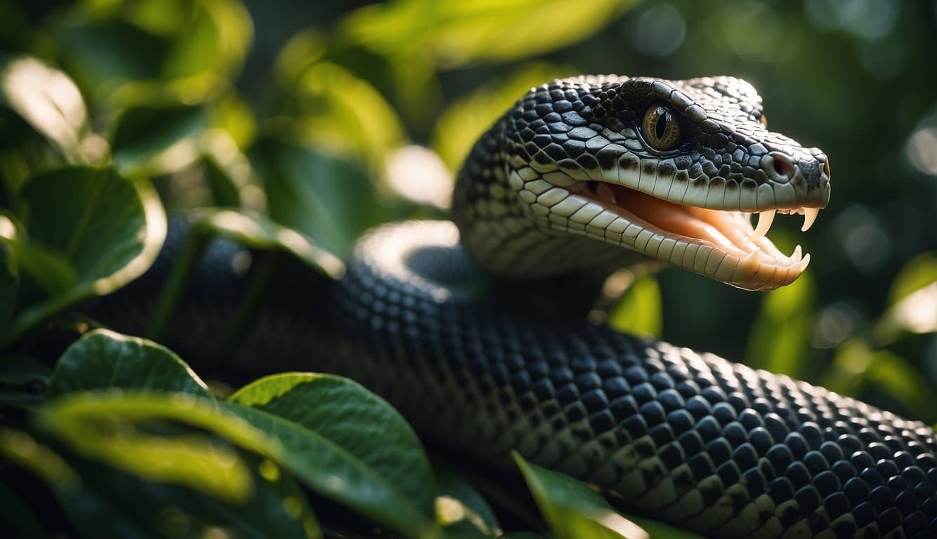 A powerful cobra slithers through a lush jungle, its scales glistening in the dappled sunlight. It coils around a sacred tree, symbolizing the dual nature of this revered animal