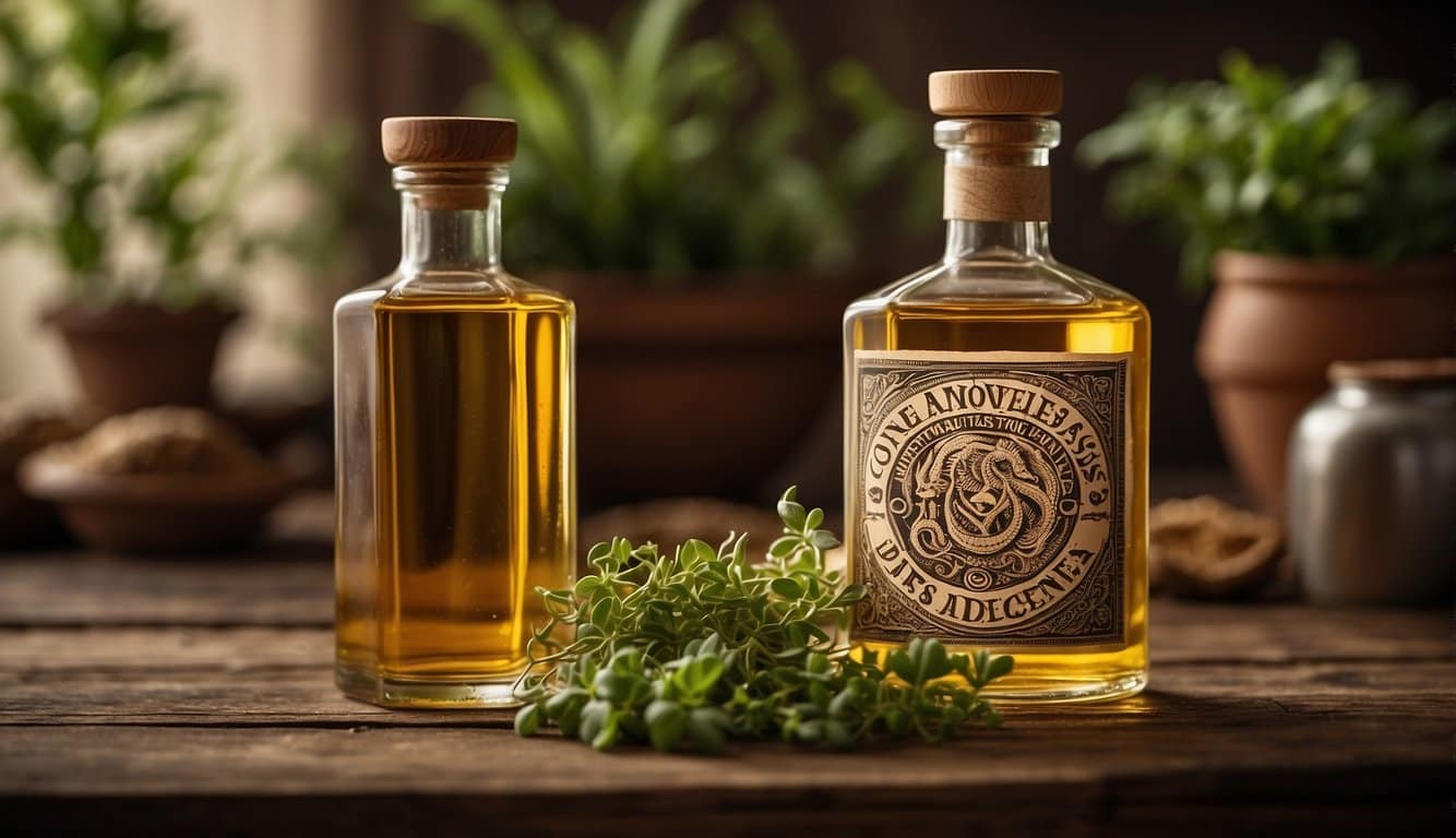 Banha De Cobra Para Que Serve: Benefícios E Usos Na Medicina Tradicional 3 A bottle of snake oil sits on a wooden table, surrounded by various herbs and ingredients. A label on the bottle reads "Controvérsias e Advertências banha de cobra para que serve."