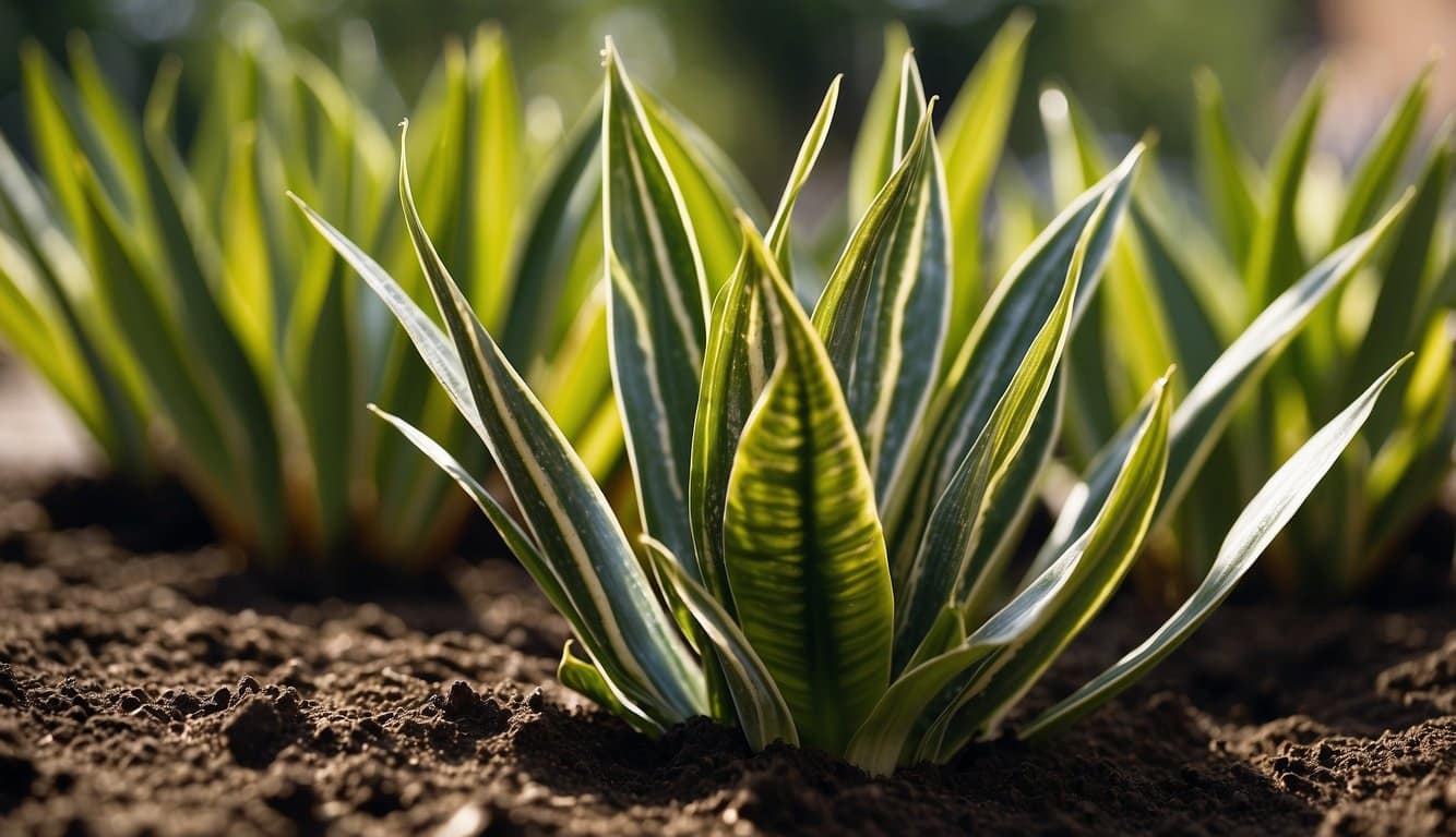 A variegated snake plant growing in well-draining soil with indirect sunlight and regular watering