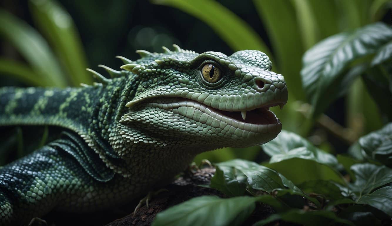 A basilisk snake with a regal posture, sharp scales, and piercing eyes, slithers gracefully through the lush jungle foliage