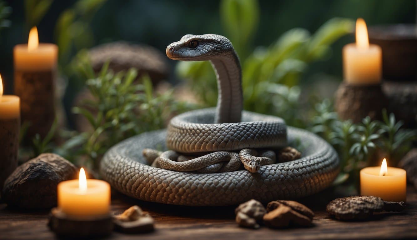 A caboclo cobra coral guides a healing ritual, surrounded by protective herbs and spiritual symbols