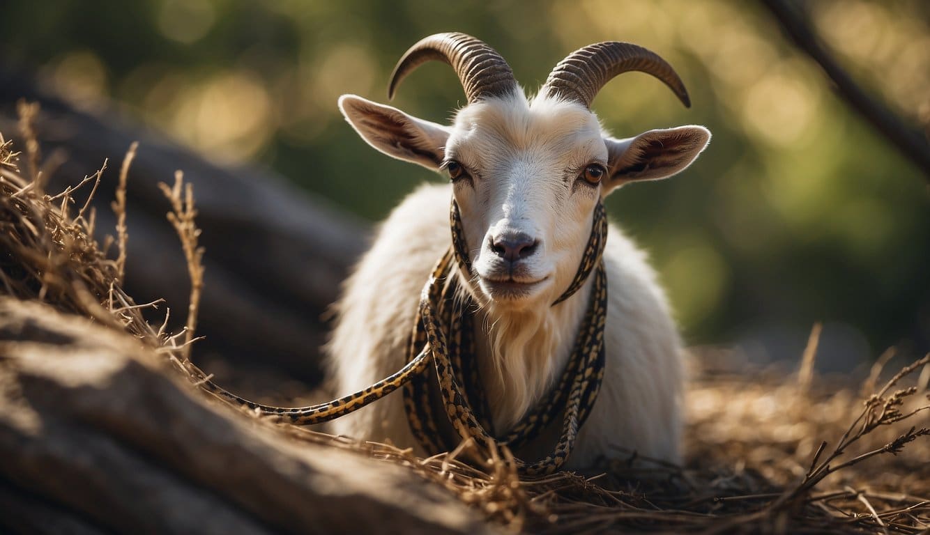 A blindfolded goat or snake in a playful, outdoor setting