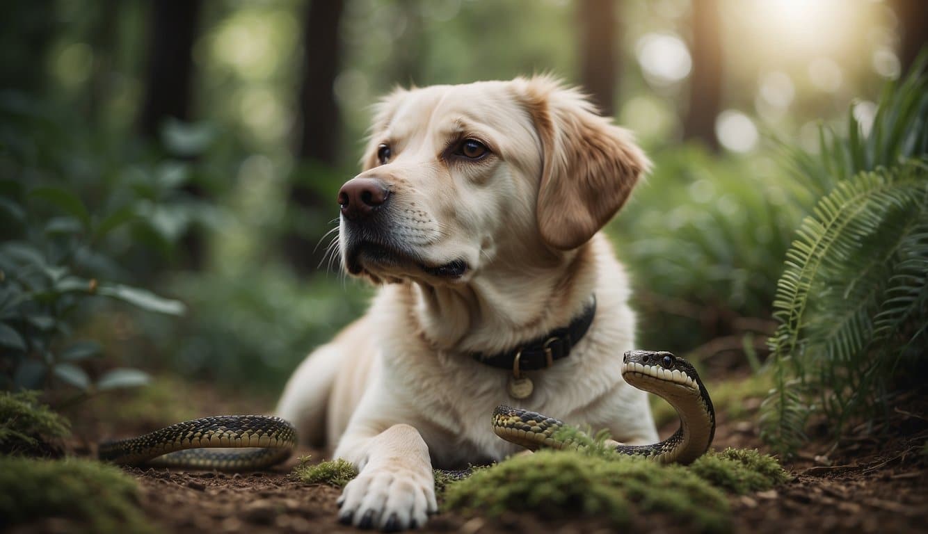 A dog and a snake coexisting in a natural habitat