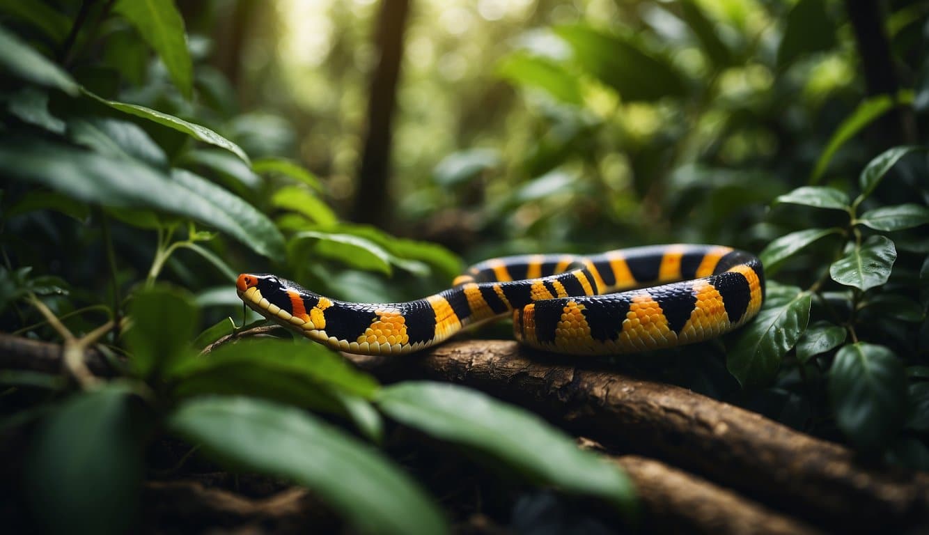 Cacique Cobra Coral: História E Significado 3 A coral snake slithers through a lush jungle, its vibrant colors contrasting against the green foliage. The tribal chief watches from a distance, observing the snake's influence on the surrounding climate