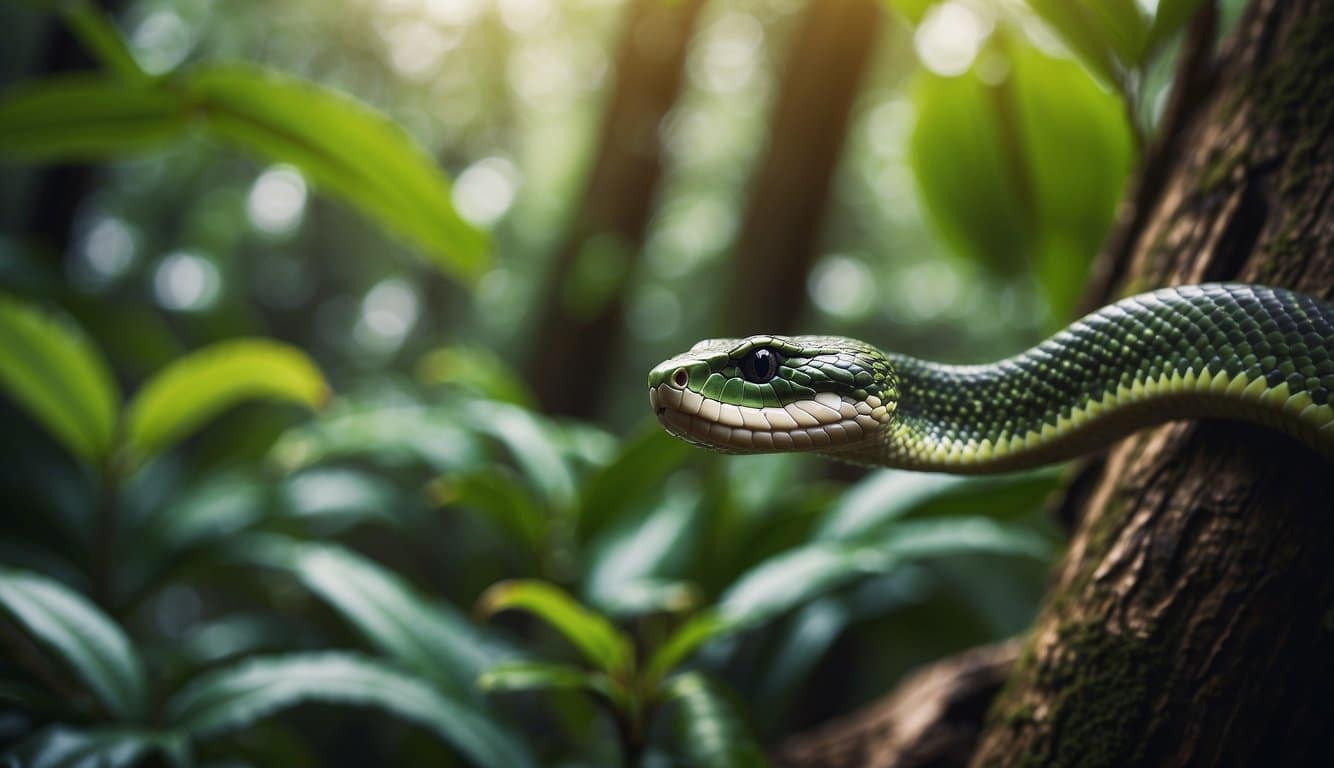 A snake slithers through a lush tropical forest, coiled around a tree branch, with vibrant green foliage in the background