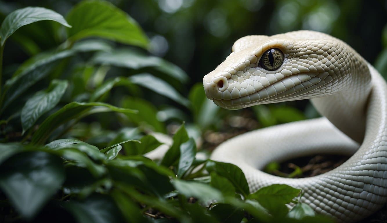 An albino cobra slithers through a lush jungle, its pale scales contrasting with the vibrant green foliage. Legal documents and conservation signs surround the snake, emphasizing the importance of protecting this unique creature