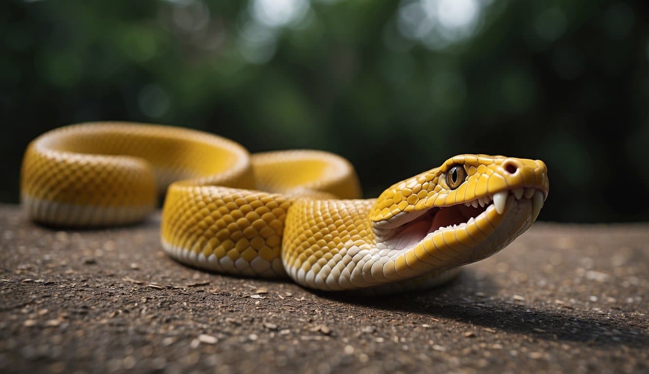 A yellow cobra poised to strike, displaying its venomous fangs and defensive mechanisms
