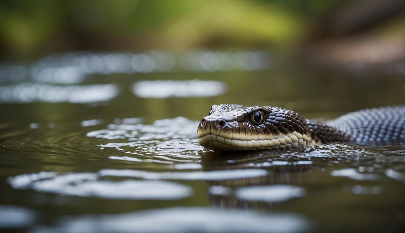 A water snake swimming in a river, hunting for fish and other aquatic prey