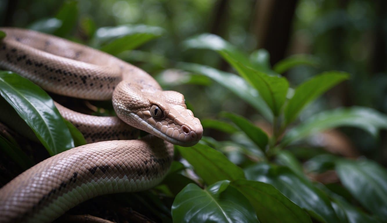 A pink boa constrictor slithers through a lush rainforest, its scales glistening in the dappled sunlight