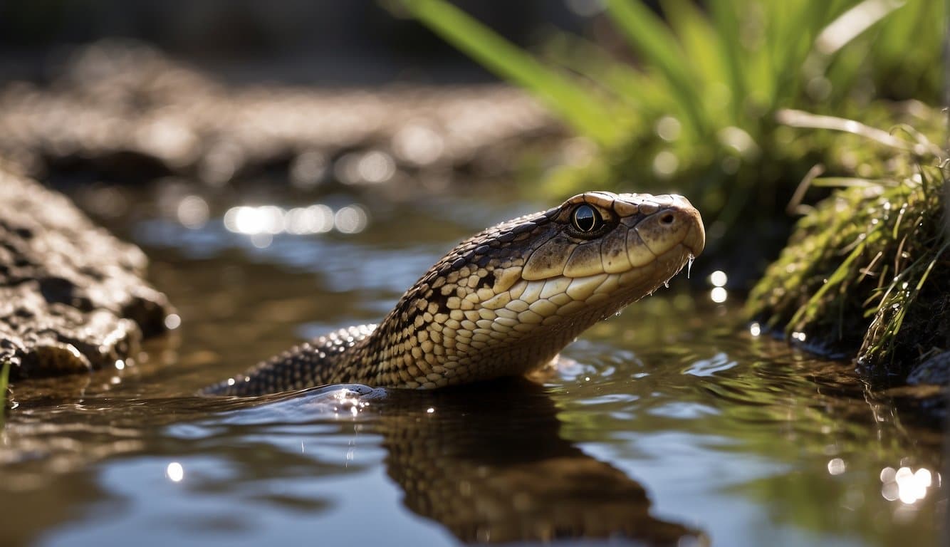 A cottonmouth snake slithers near a creek, flicking its tongue and preparing to strike at a small fish swimming in the water