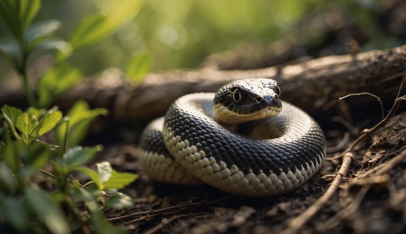 A snake lays eggs or gives birth, surrounded by natural habitat