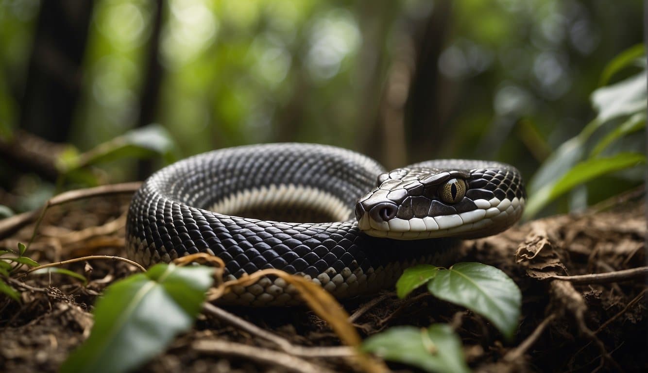 Brazilian snake in ecosystem, coiled around tree trunk, hunting small prey, blending into forest floor, vital for maintaining balance