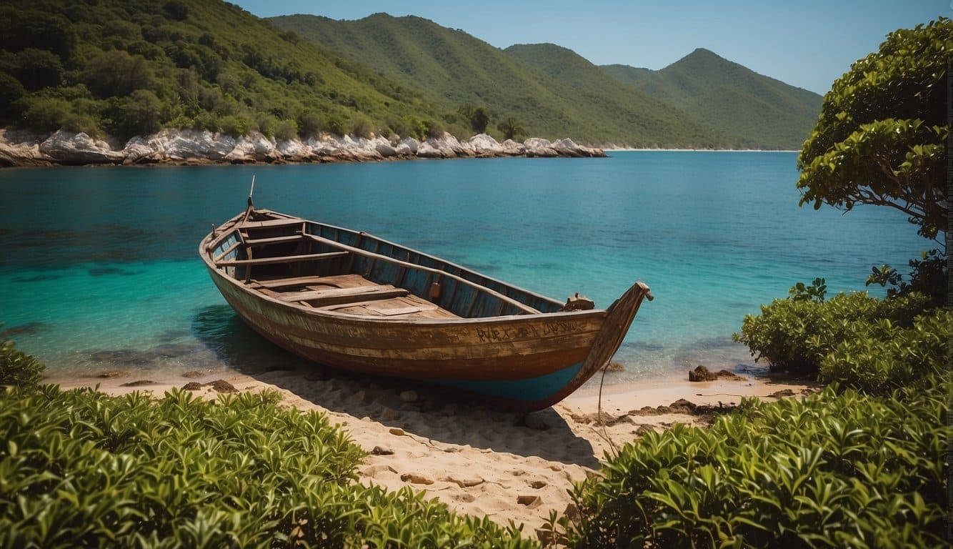 A caiçara fishing boat rests on the shore, surrounded by lush greenery and a clear blue sky