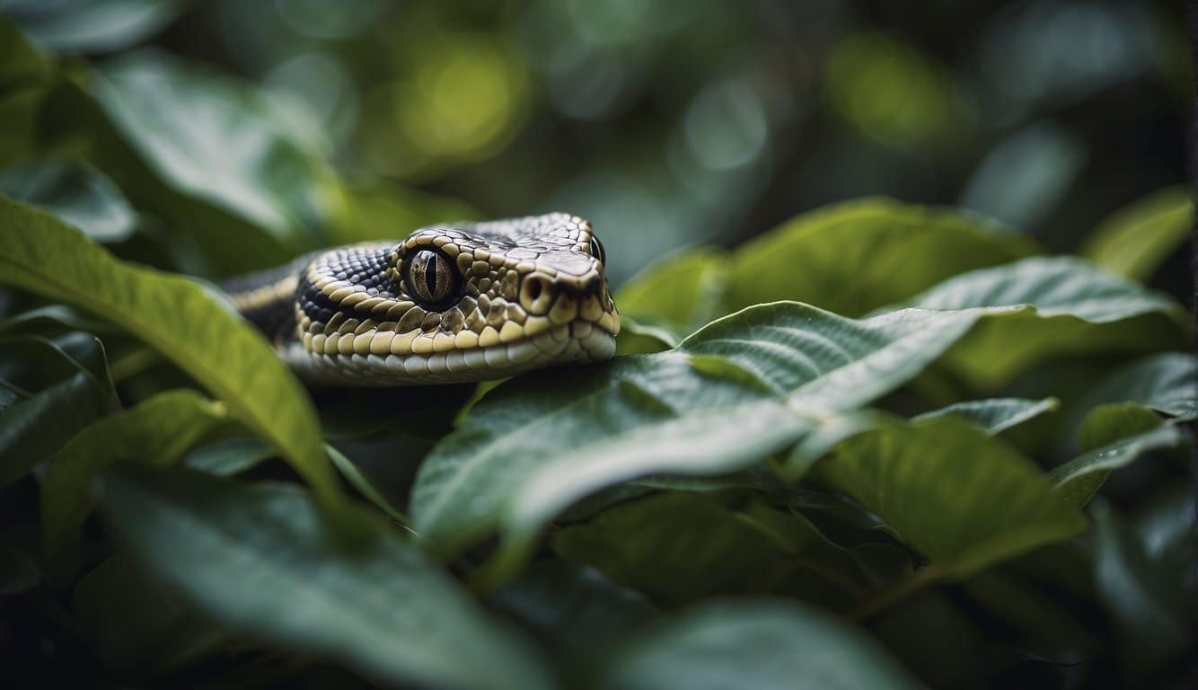 A camouflaged snake blends into the leaves, showcasing the importance of camouflage in the animal kingdom
