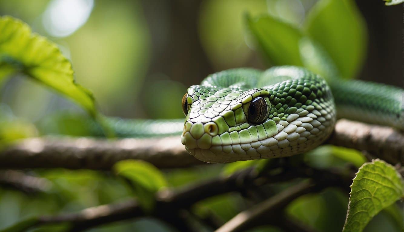 A green vine snake slithers through the dense forest, its vibrant scales glistening in the dappled sunlight. The snake's presence symbolizes the delicate balance of conservation and environmental impact