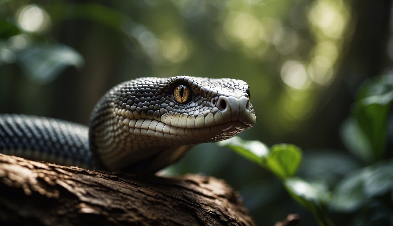 A cobra with horns slithers through a dense jungle, its scales glistening in the dappled sunlight