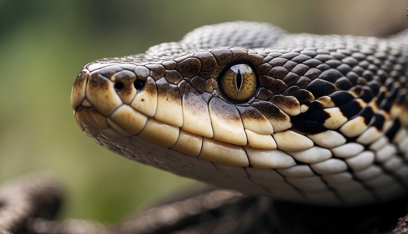 A snake with a cross on its forehead, slithering and devouring prey