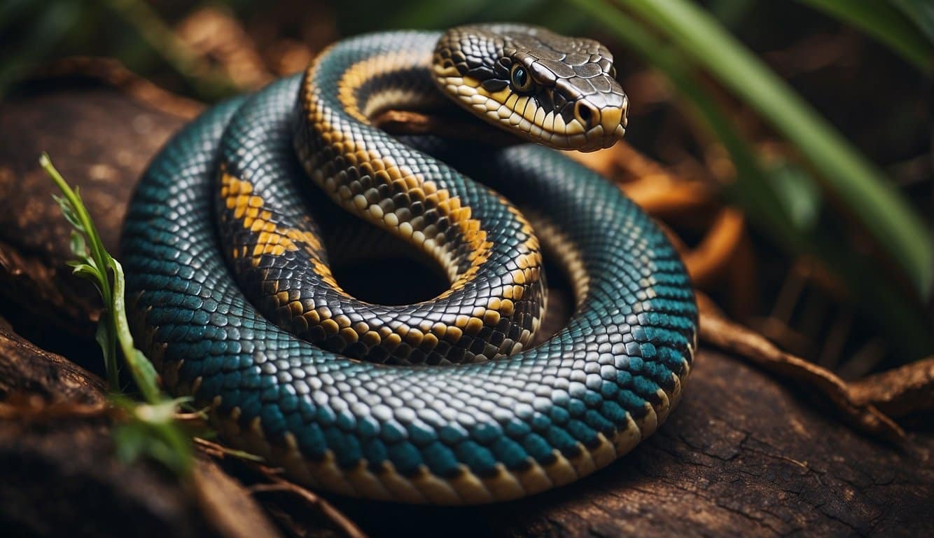 Cobra Com Dente: Conheça As Características E Hábitos Do Réptil 3 A colorful snake with sharp teeth, surrounded by cultural symbols and dream-like imagery