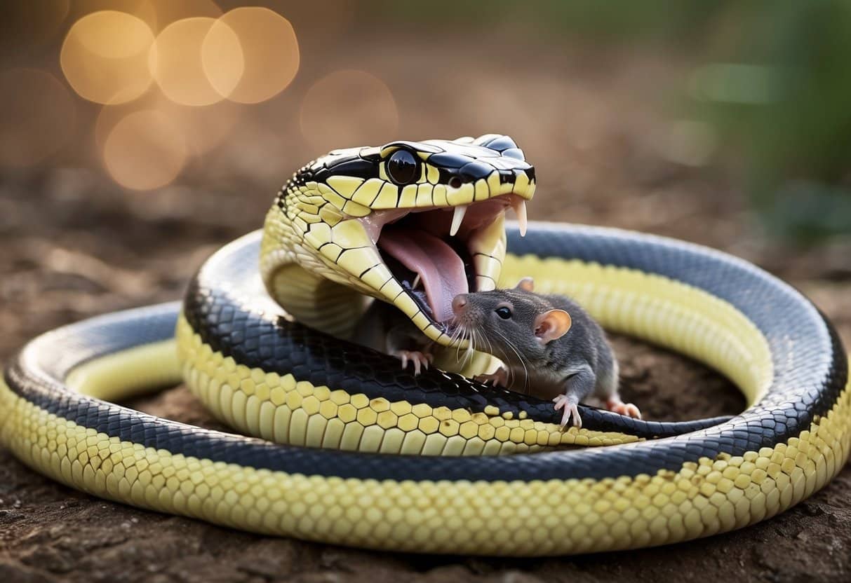 Cobra Comendo Rato: Comportamento Natural e Importância Ecológica 3 A cobra devorando um rato em suas espirais, com presas afiadas visíveis