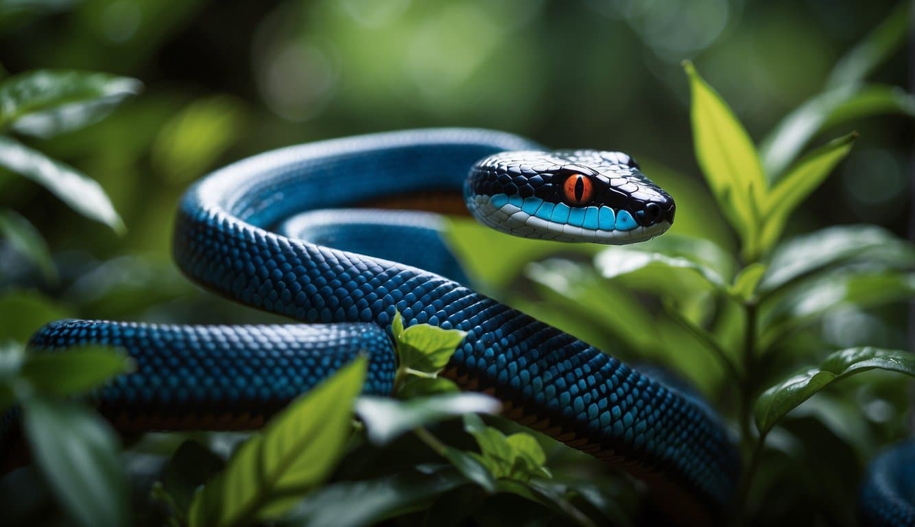 Cobra Coral Azul: Conheça A Espécie E Suas Características 3 A blue coral snake slithers through a lush tropical rainforest, with vibrant green foliage and dappled sunlight filtering through the canopy