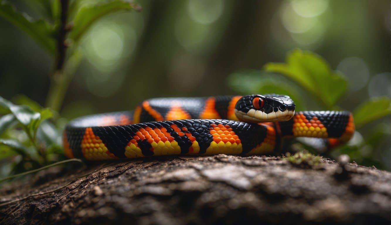 A false coral snake with venom, warning colors, and a coiled body in a forest setting