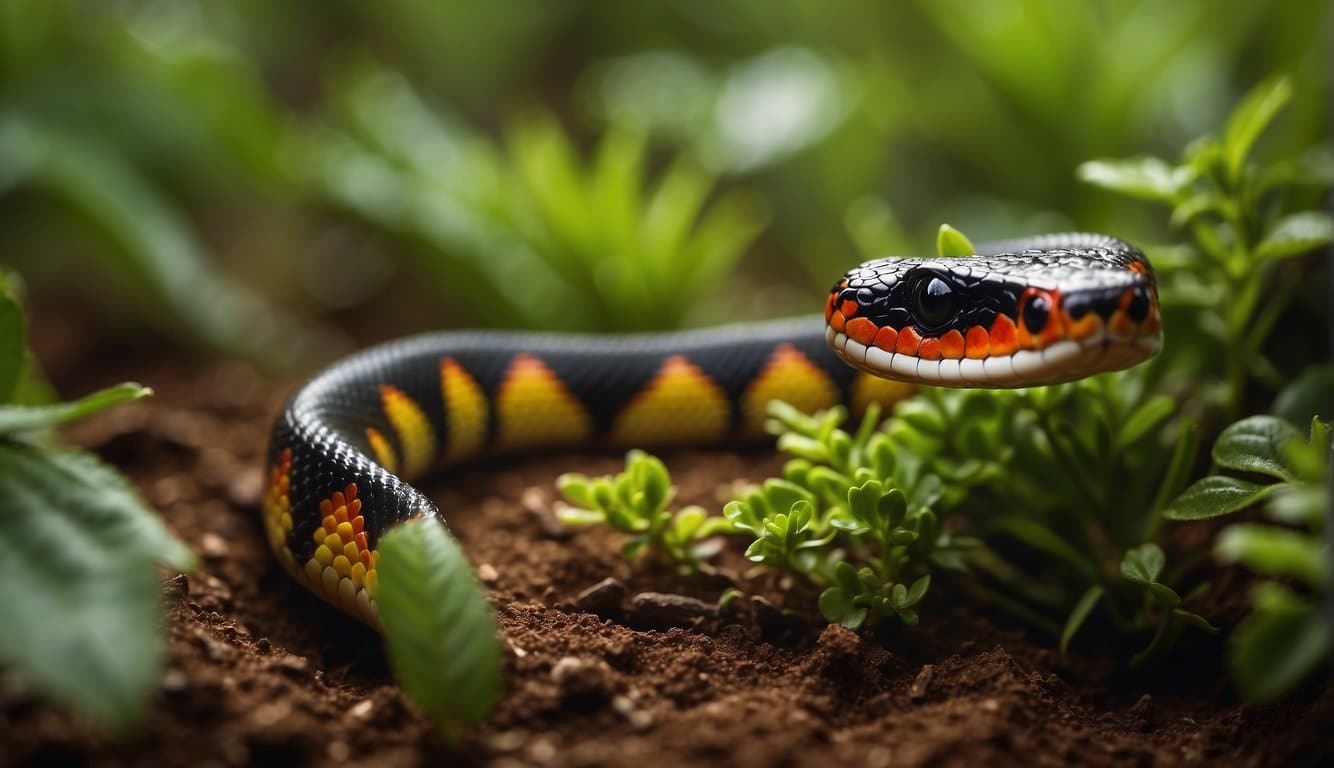 A baby coral snake slithers through its natural habitat, blending into the vibrant green foliage and red earth